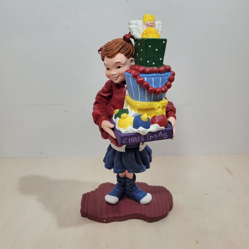 Christmas Girl Figurine Stacked Presents Angel Topper Holiday Decor MINOR DAMAGE